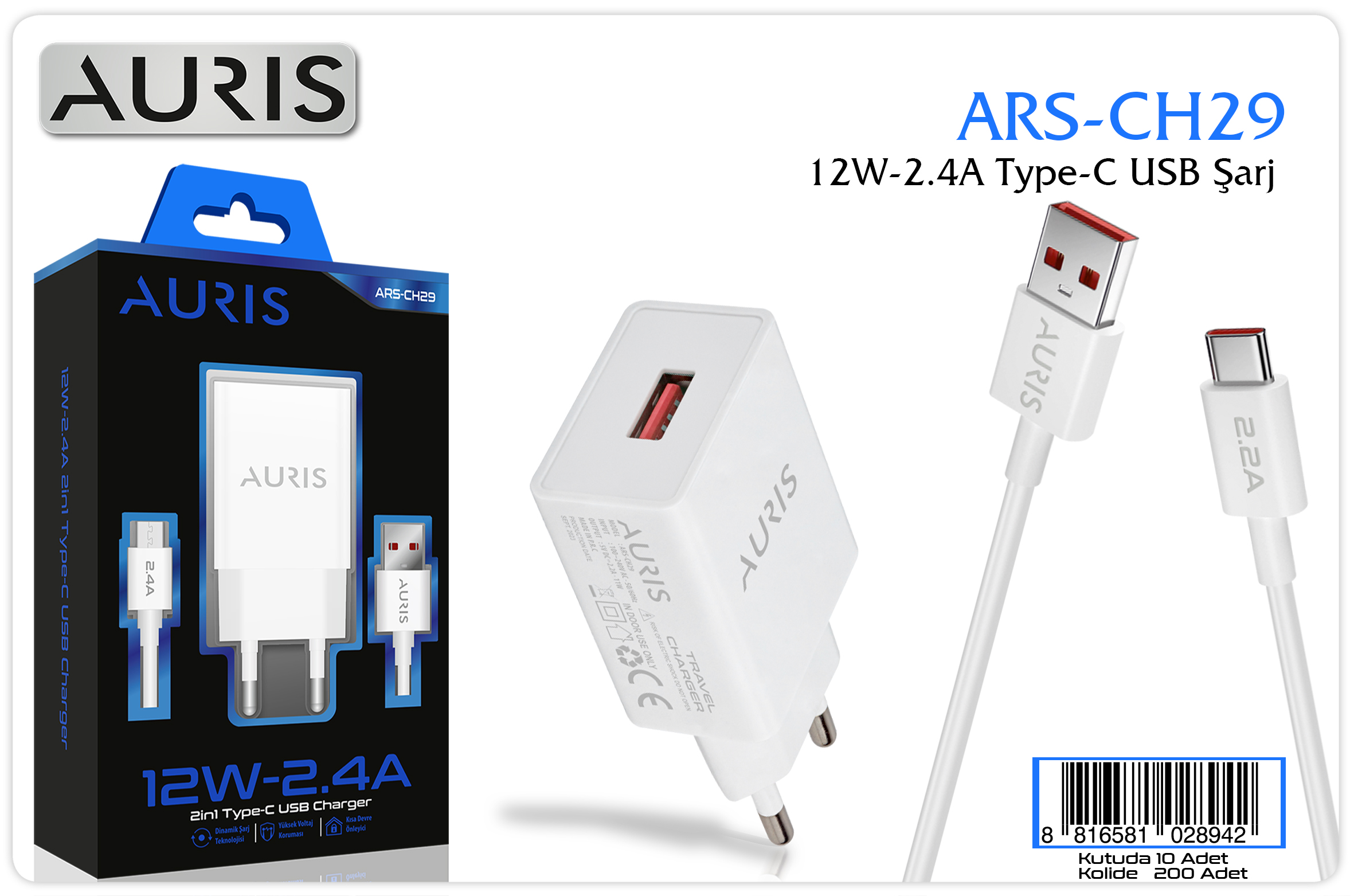 AURİS CH29 12W 2-4A USB Type-C Şarj Seti  Hızlı ve Güvenli Şarj